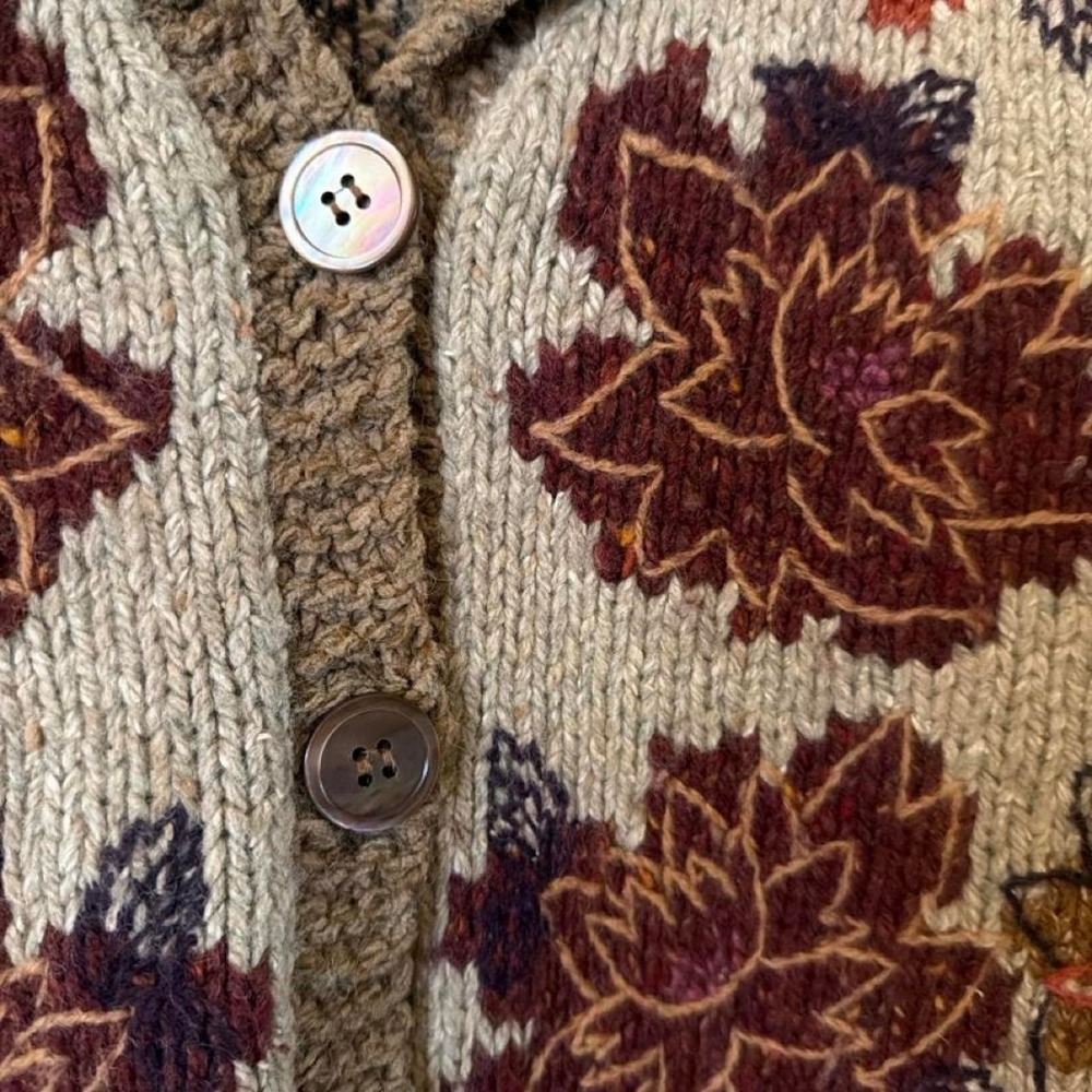 Vintage LL Bean Autumn Leaves Wool Silk Cardigan Sweater Womens Medium 90s Tan - Picture 4 of 5